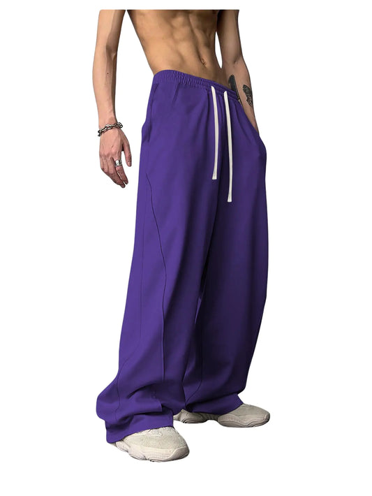 OYOANGLE Mens Drawstring Elastic Waist Baggy Sweatpants Y2K Loose Wide Leg Long Pants with Pocket Purple Large